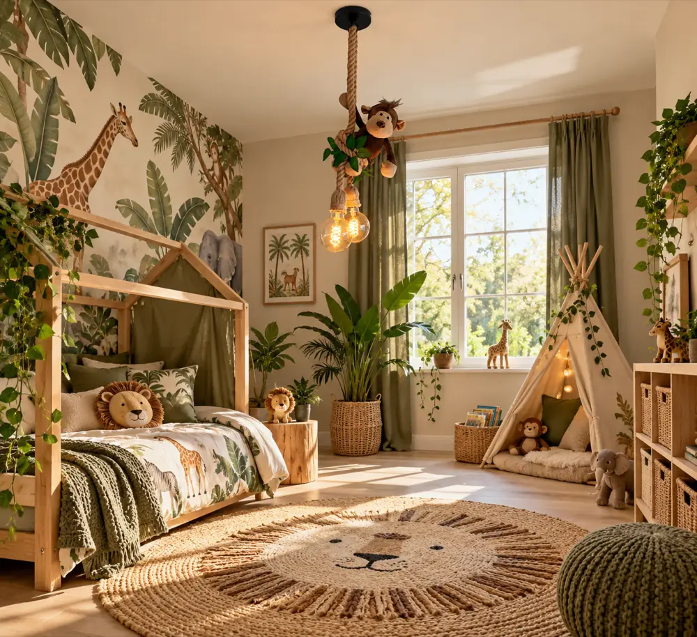 Aap plafondlamp · Sfeerfoto: kinderkamer met een jungle hanglamp