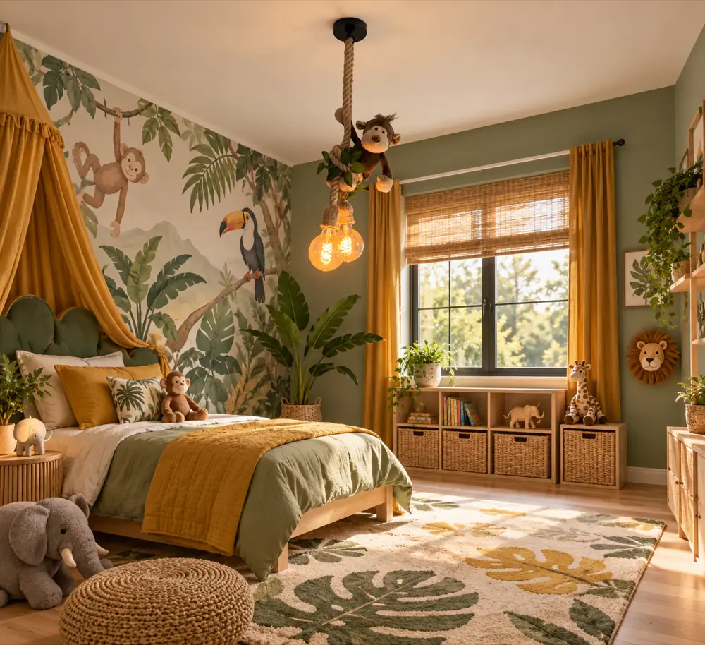 Aap plafondlamp · Sfeerfoto: kinderkamer met een jungle hanglamp
