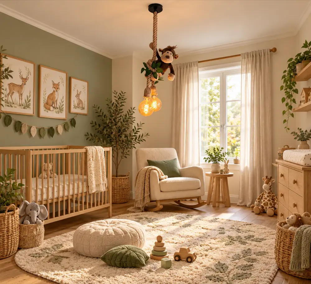 Aap plafondlamp · Sfeerfoto: kinderkamer met een jungle hanglamp