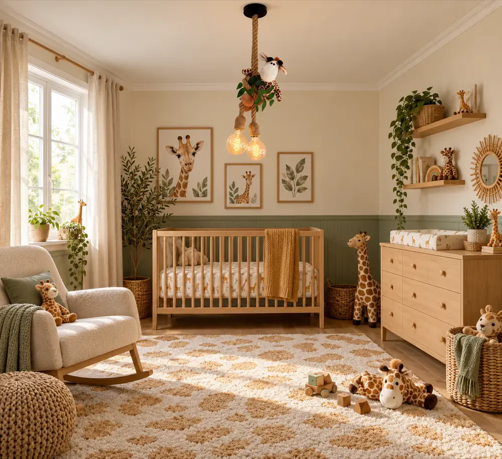 Giraffe plafondlamp · Sfeerfoto: kinderkamer met een jungle hanglamp