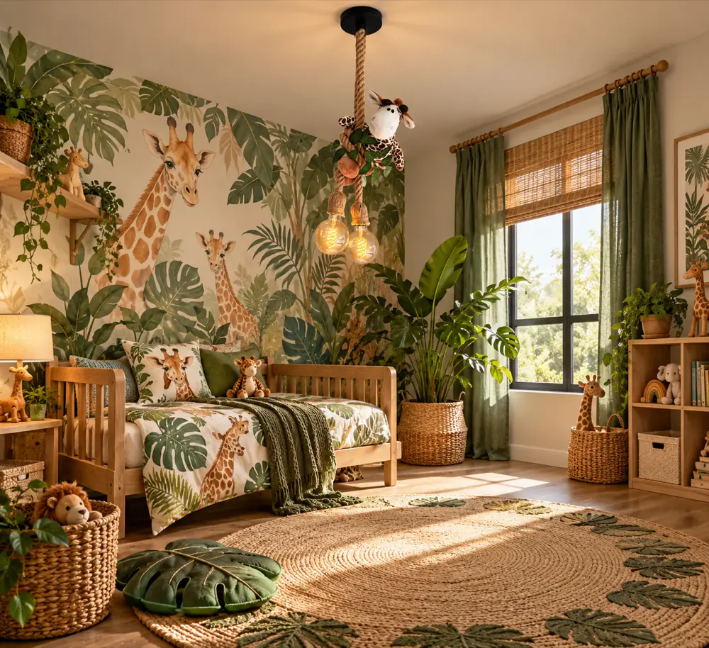 Giraffe plafondlamp · Sfeerfoto: kinderkamer met een jungle hanglamp