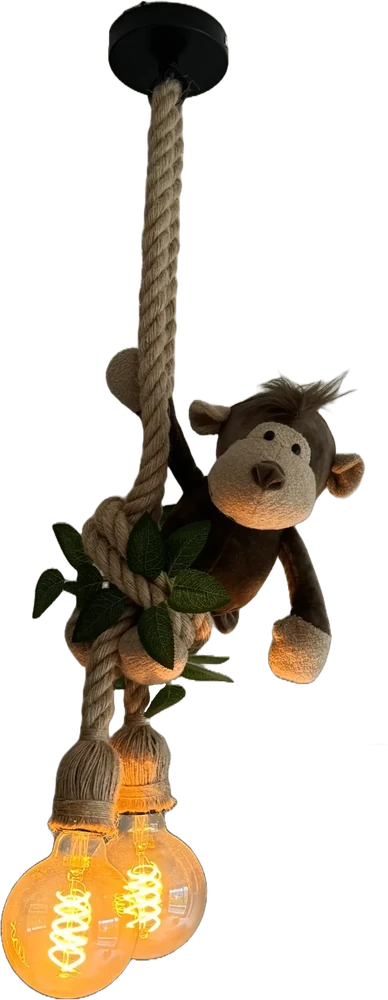 Aap hanglamp met jungleblaadjes en twee gloeiende lampen
