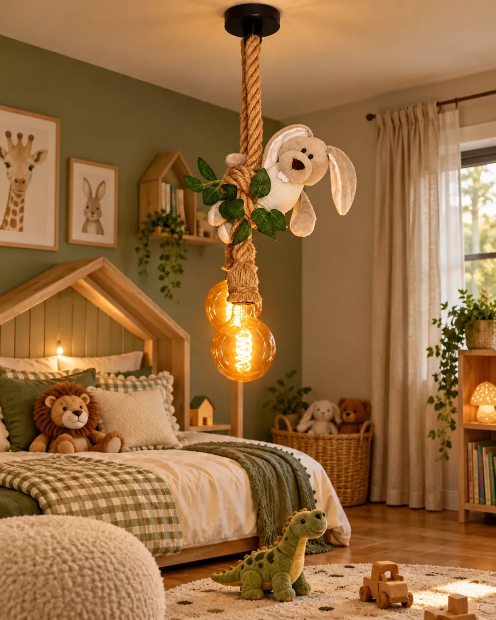 Konijn plafondlamp · Sfeerfoto: kinderkamer met een jungle hanglamp