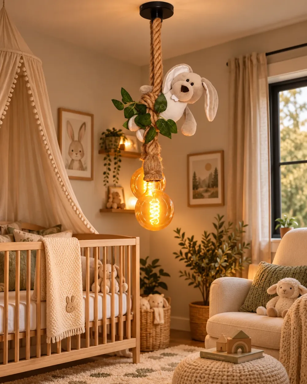Konijn plafondlamp · Sfeerfoto: kinderkamer met een jungle hanglamp