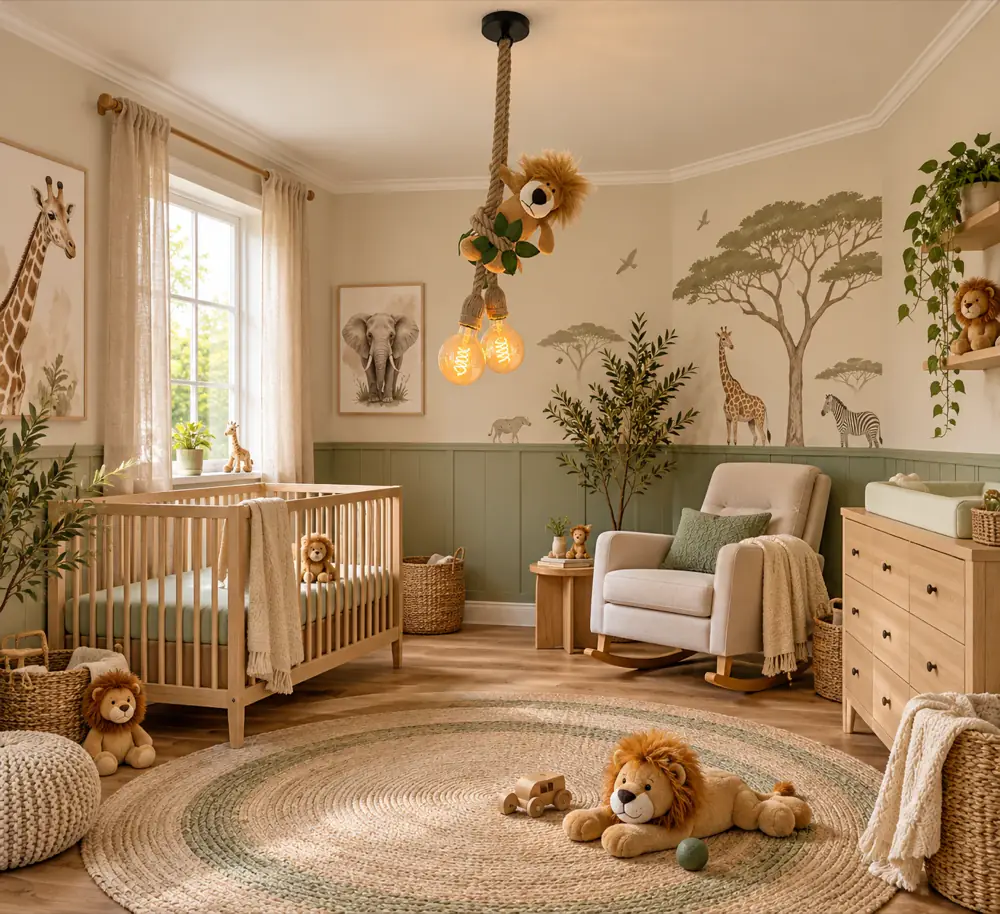 Leeuw plafondlamp · Sfeerfoto: kinderkamer met een jungle hanglamp