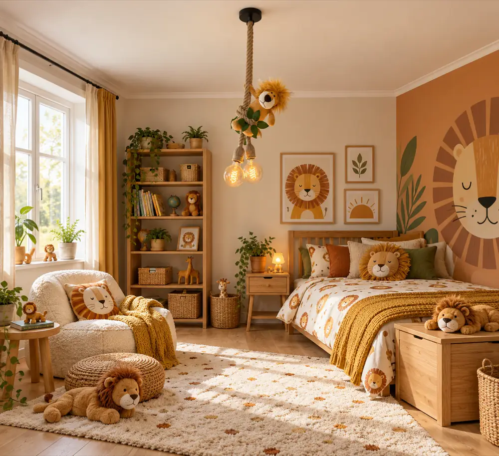Leeuw plafondlamp · Sfeerfoto: kinderkamer met een jungle hanglamp