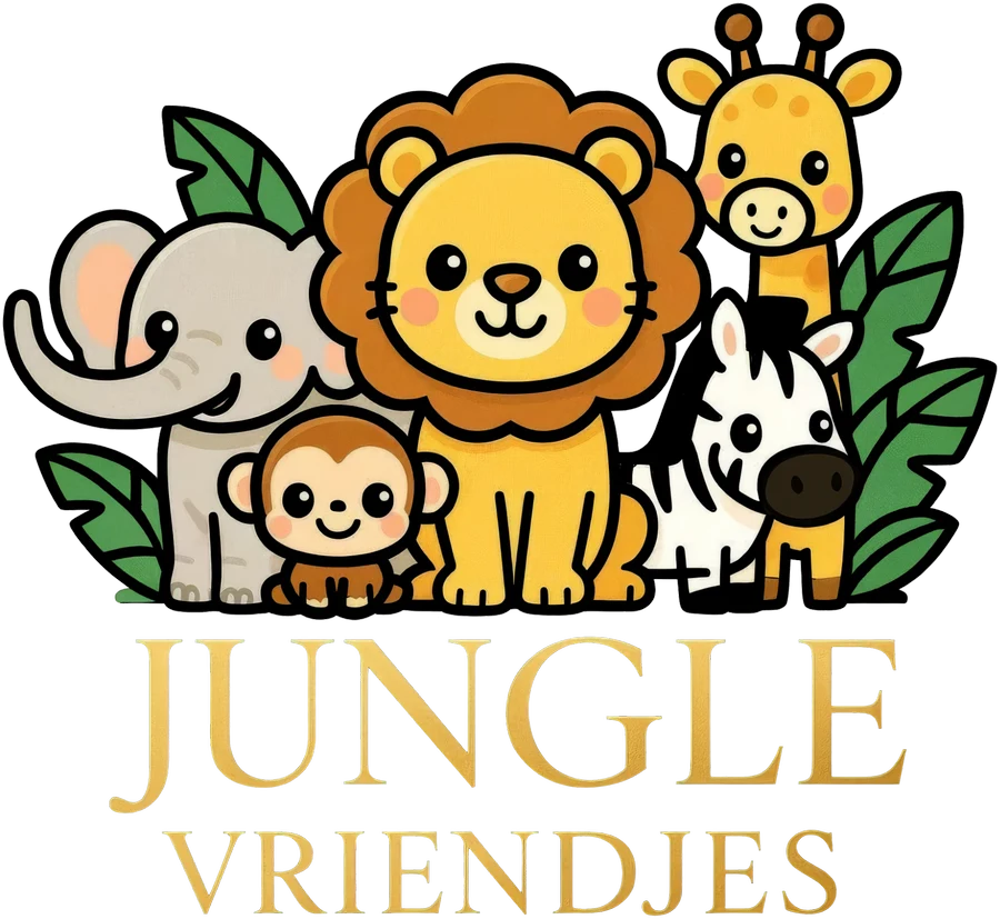 De junglevriendjes: olifant, aap, leeuw, giraffe en zebra