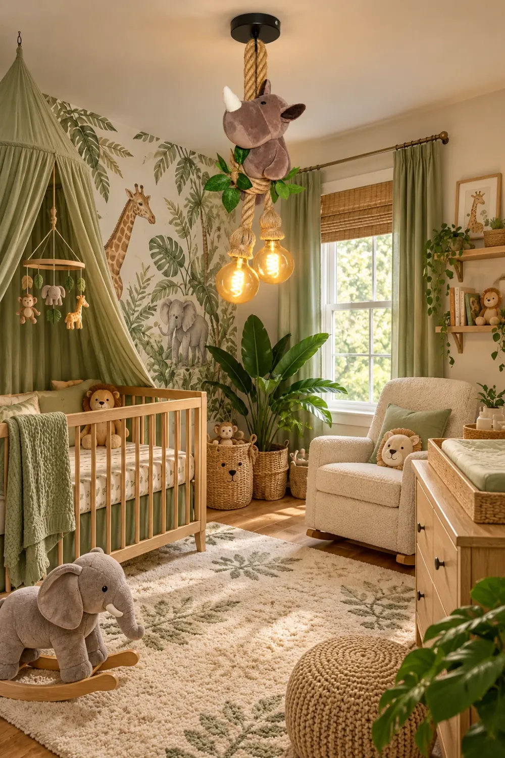 Neushoorn plafondlamp · Sfeerfoto: kinderkamer met een jungle hanglamp