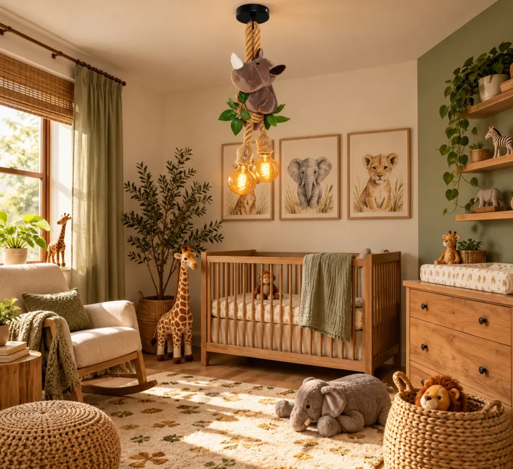 Neushoorn plafondlamp · Sfeerfoto: kinderkamer met een jungle hanglamp