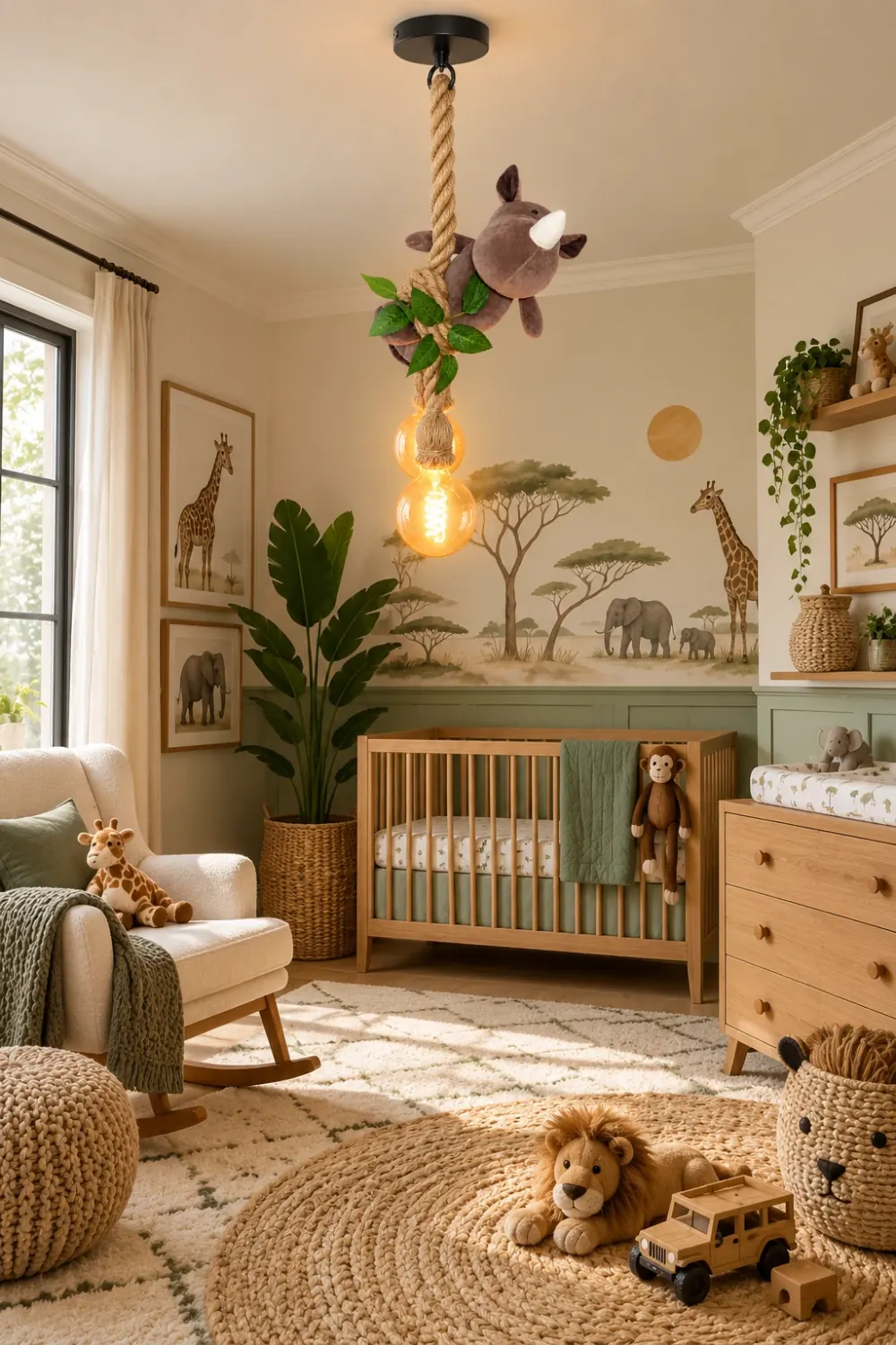 Neushoorn plafondlamp · Sfeerfoto: kinderkamer met een jungle hanglamp