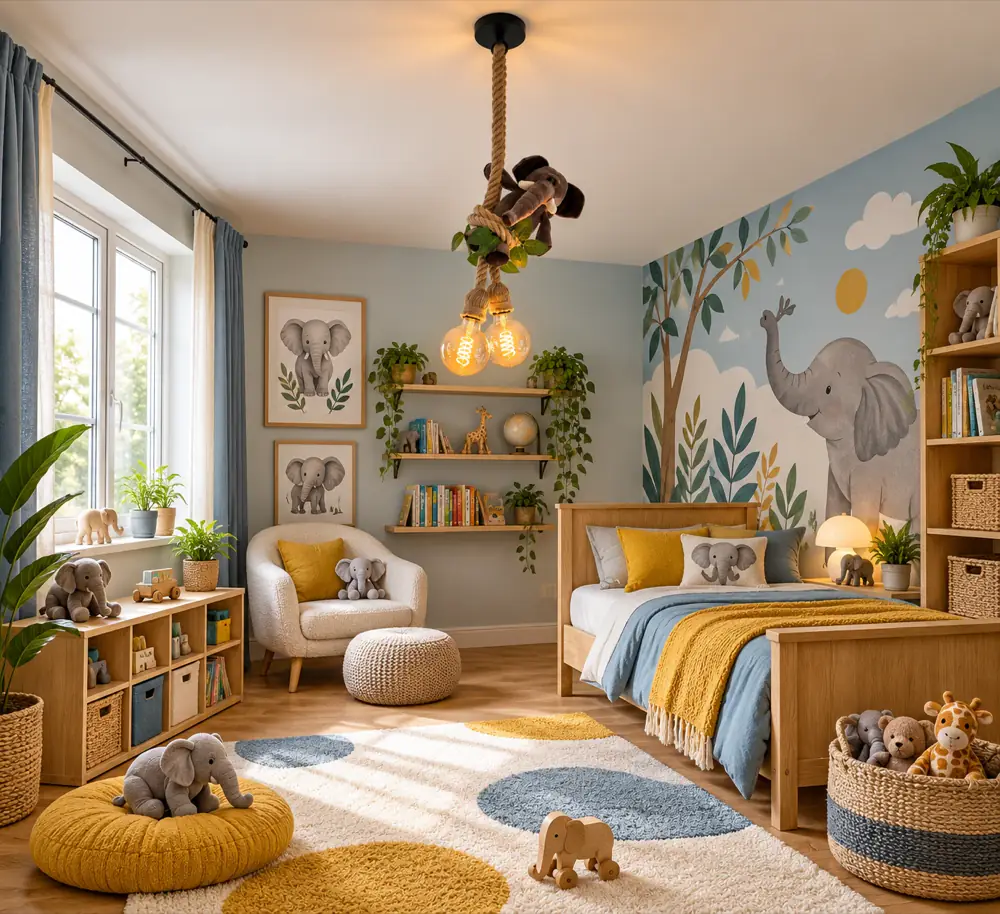 Olifant plafondlamp · Sfeerfoto: kinderkamer met een jungle hanglamp