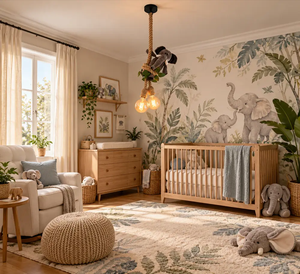 Olifant plafondlamp · Sfeerfoto: kinderkamer met een jungle hanglamp