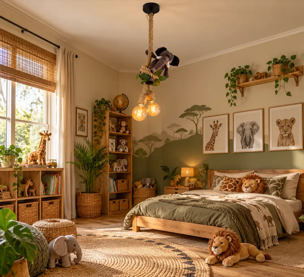 Olifant plafondlamp · Sfeerfoto: kinderkamer met een jungle hanglamp